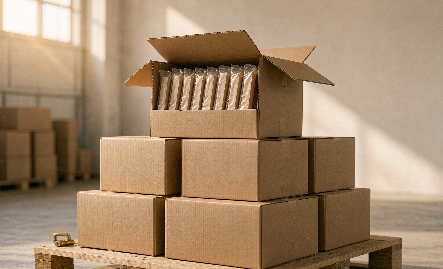 Plain kraft export cartons stacked on a pallet
